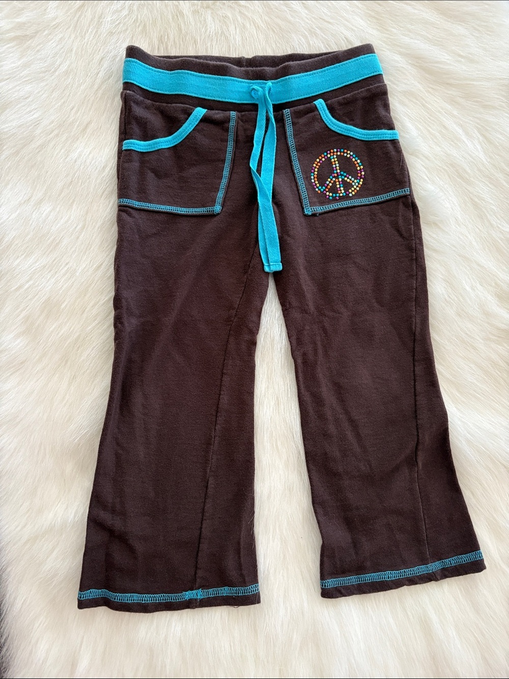 Girls' Brown Sweatpants with Teal Trim and Peace Sign